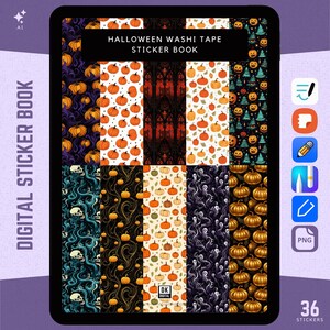 Puede incluir: Cuaderno de pegatinas digital con 36 pegatinas de temática de Halloween. Las pegatinas presentan calabazas, fantasmas y otros diseños espeluznantes. El cuaderno se titula "Halloween Washi Tape Sticker Book".