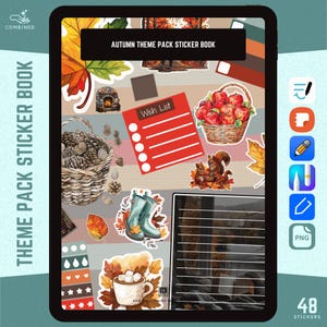 May include: A digital sticker book with 48 autumn-themed stickers. The stickers include a wish list, a basket of apples, a basket of pine cones, a cup of hot chocolate with marshmallows, a pair of boots, and a squirrel. The book is designed for use with a digital planner.