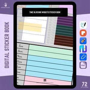 May include: A digital sticker book with 72 stickers for time blocking. The stickers are in various colors and have different time blocks, such as 7am, 8am, 9am, 10am, 11am, 12pm, 1pm, 2pm, 3pm, 4pm, 5pm, 6pm, 7pm, 8pm, 9pm, 10pm, 11pm, and 12am. The sticker book is designed to help people plan their day and stay organized.