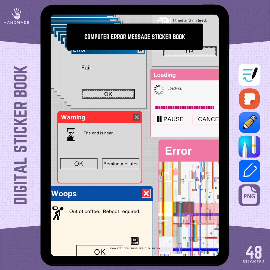 Computer Error Message Sticker Book, Funny Tech Stickers (digital ...