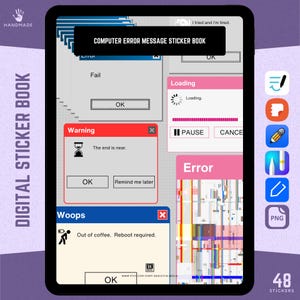 Computer Fehler Nachricht GoodNotes Aufkleber Buch, Humorvolle Samsung Notes Aufkleber, 404 nicht gefunden Notability Unerwarteter Fehler Pop Up Aufkleber