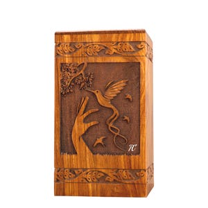 Rosewood Cremation Urn Box: Hand & Bird Design, Memorial Keepsake