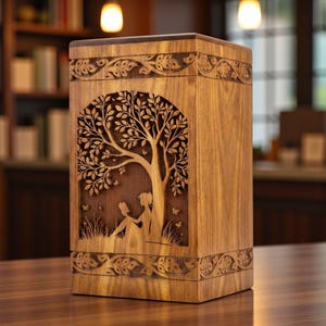 May include: Wooden urn with a carved design of a tree, butterflies, and two figures reading. The urn is rectangular with decorative carvings around the top and bottom. The wood has a warm, natural tone, and the background is blurred.