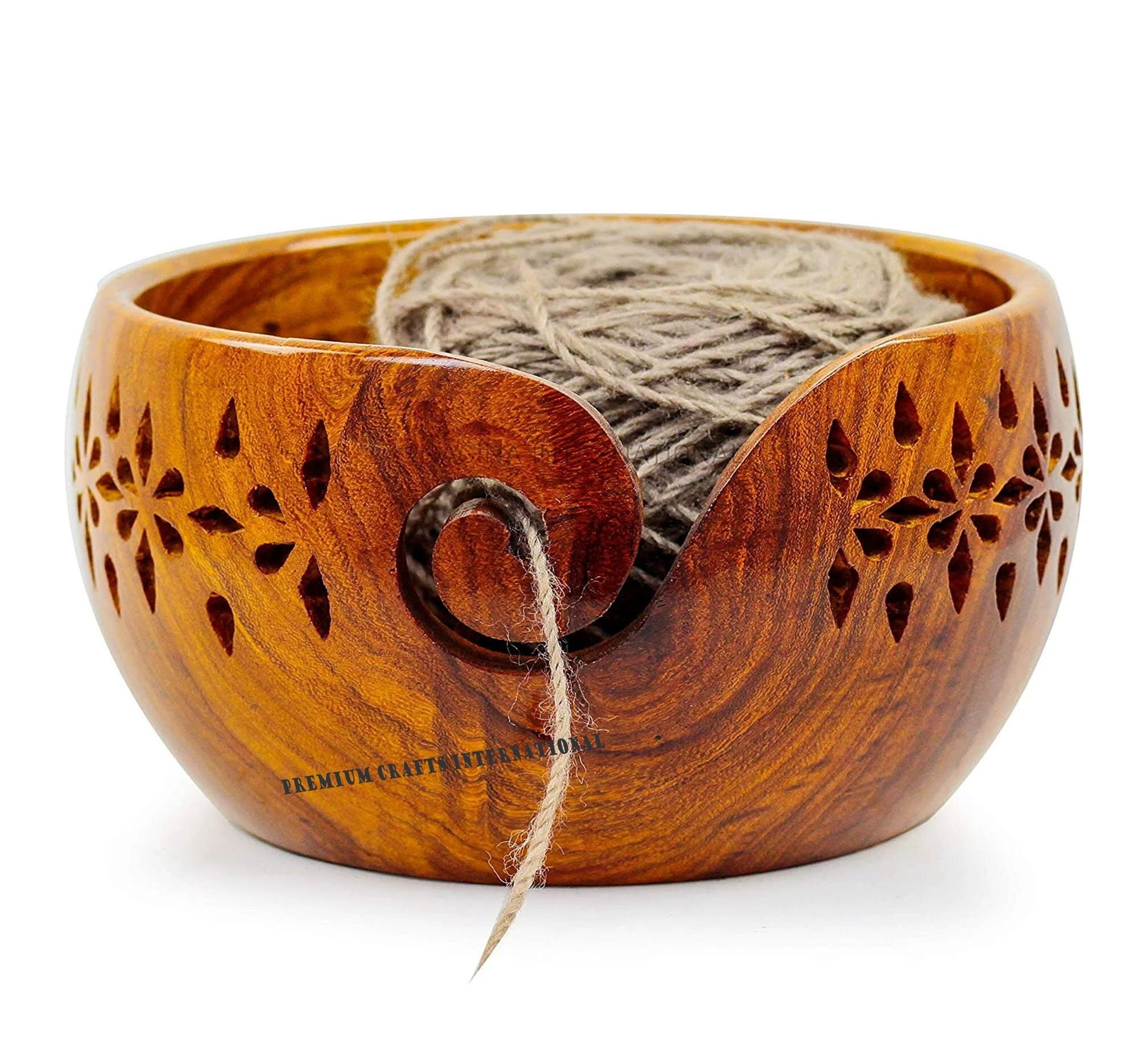 Wooden Yarn Storage Bowl With Carved Holes Drills and Set Of-15