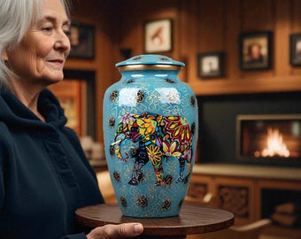 Elephant Cremation Urn for Ashes: Hand-Painted Blue Metal Memorial