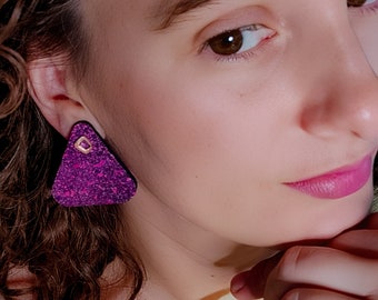 Sustainable Cactus Leather Earrings. Unique and Vegan. Hand-Painted & Sterling Silver Accents | Nebulosa Cosmica Purple Large Triangle