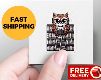 Puede incluir: Una pegatina con un búho de dibujos animados con gafas, leyendo un libro en una escalera frente a una estantería. La pegatina tiene un borde blanco. Las palabras "FAST SHIPPING" están en un círculo amarillo.