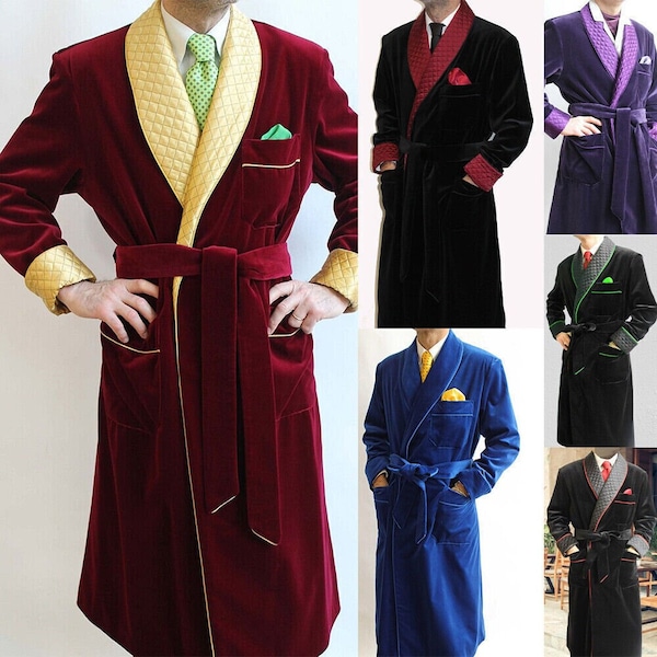 Velvet Quilted Robe for Men Vintage Smoking Dressing Gown Long Jacket Bathrobes