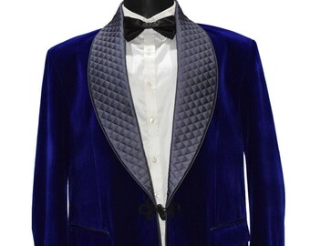 Men Blue Smoking Jackets Quilted Lapel Designer Dinner Party Wear Blazer Coats