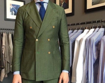 Men Green Suit Groomsmen Double Breasted Wedding Party Dinner Suit(Coat+Pant)