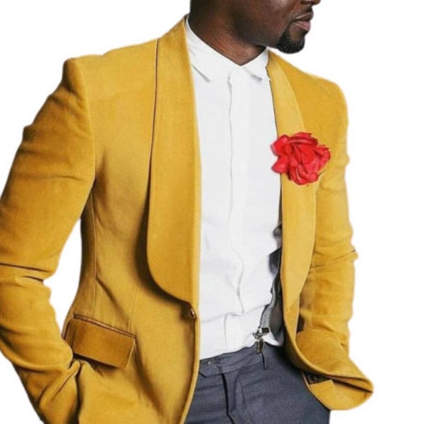 Men Tuxedo Jacket, Velvet Yellow Dinner Party Wear One Button Coat Blazer