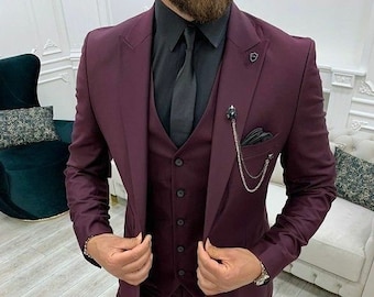 Men 3 Piece Wedding Suit Prom Party Elegant Slim Fit Tuxedo Groom Wear Tailored Hosting Jacket