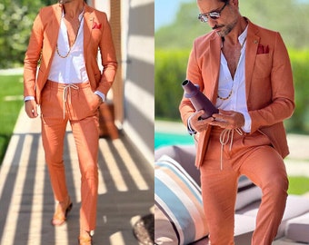 Men's Orange Suits Summer Causal Wear Slim Fit Wedding Groom Prom Tuxedos Bekspoke Jacket Boho And Western Dress