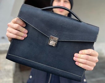 Maletín MacBook, Bolsa para documentos - Pieza de ARTE única cosida a mano y de cuero de primera calidad