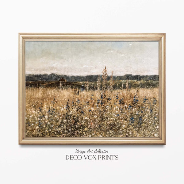 Printable Wildflower Field Landscape Oil Painting, Vintage Landscape Art Print, Country Field Wall Art Digital Download