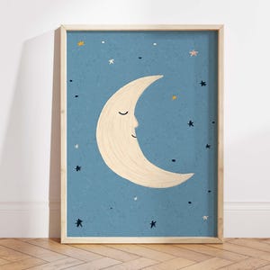 Sleepy Moon Wall Art Printable, Nursery Moon Poster, Kids Room Decor, Moon Illustration, Digital Download, Crescent Moon Art