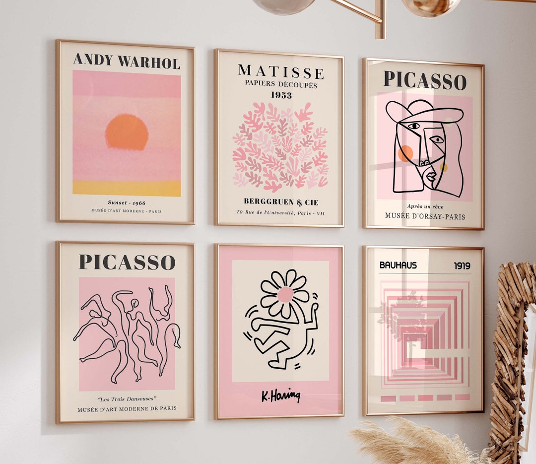 Pink Wall Art Set of 6 Prints, Pink Gallery Wall Set, Haring Flower ...