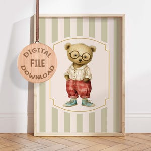 Whimsical Bear Nursery Wall Art, Cute Bear with Glasses Digital Download Print, Vintage Animal Decor for Kids Room, Printable Nursery art