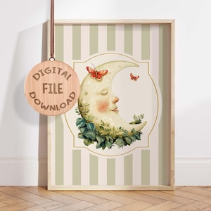 Whimsical Moon Nursery Wall Art, Crescent Moon Face Digital Download Print, Celestial Kids Room Botanical Decor, Printable Nursery art