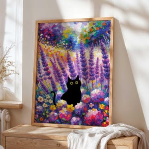 Black Cat Lavender Printable Wall Art, Colorful Floral Garden Digital Download