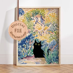 Black Cat in Watercolor Garden, Vibrant Nature Art Printable, Whimsical Cat Wall Decor, Instant Download, Printable Cat In Painting Art