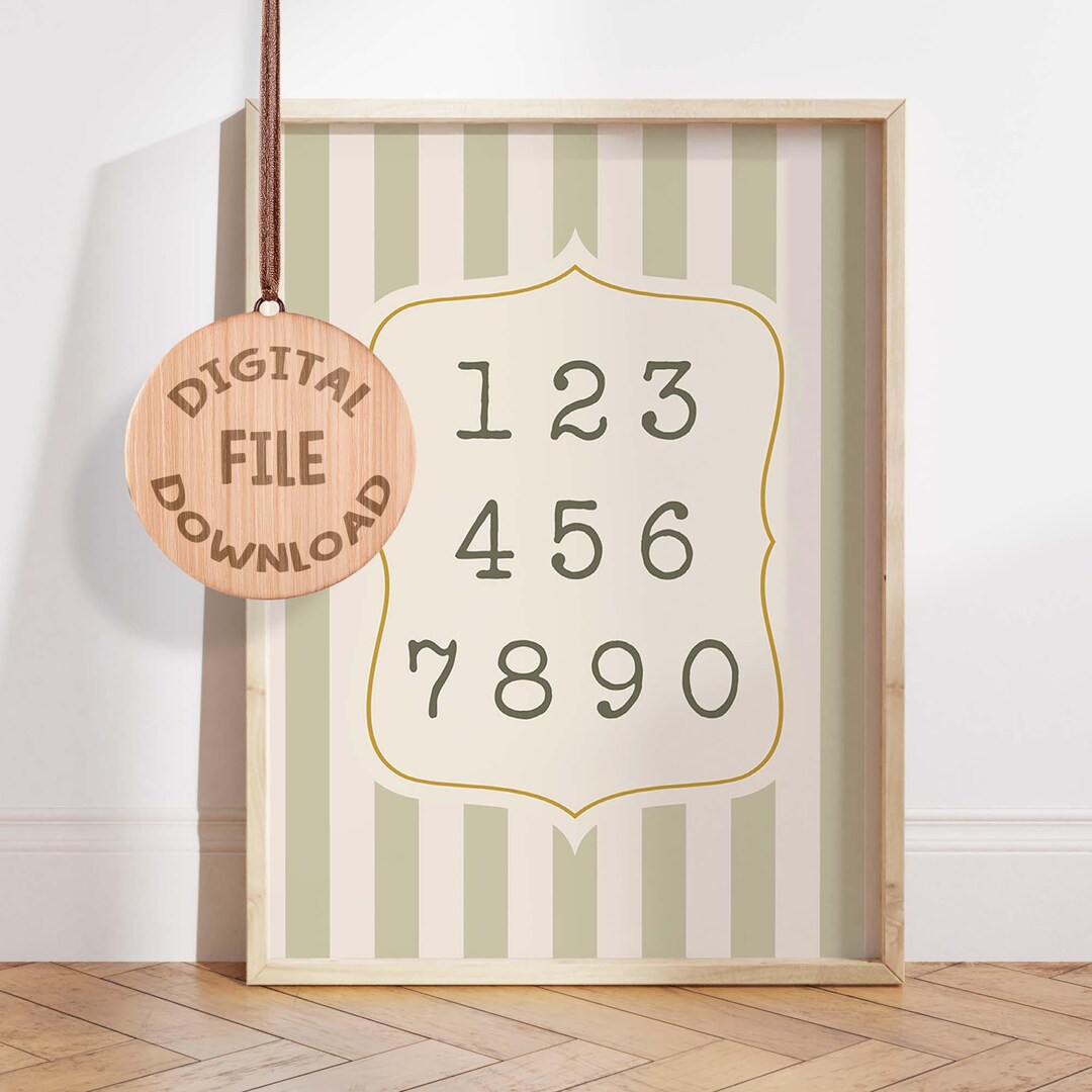 Numbers Nursery Wall Art Digital Download, Sage Green Striped 123 Print ...