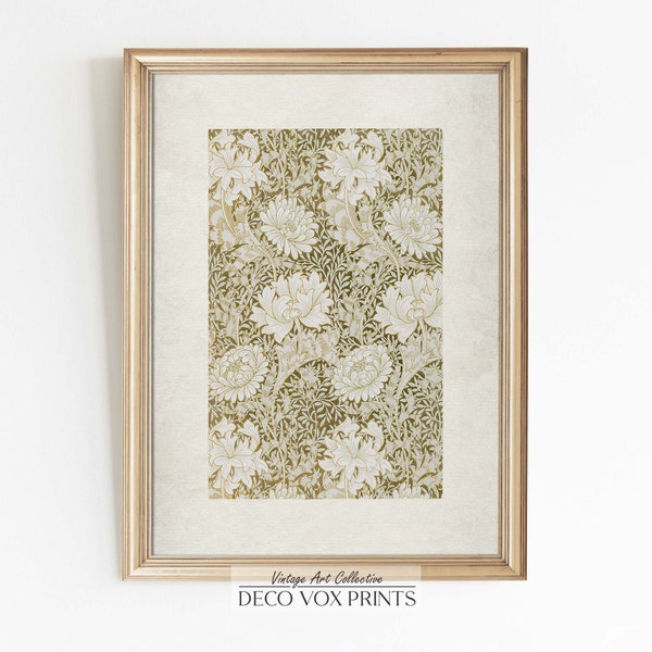 Vintage Printable Tapestry Art Print, Neutral Botanical Pattern Wall Decor, William Morris Pattern, Antique Textile Digital Download Art