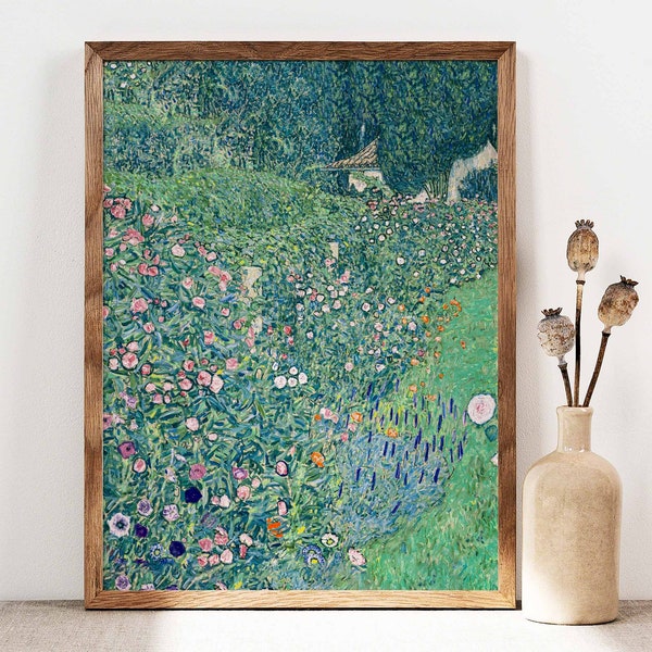 Impression Gustav Klimt, Art du jardin italien, Affiche de paysage de fleurs, Impression Art Nouveau de fleurs de jardin de chalet, Affiche botanique, Art IMPRIMABLE