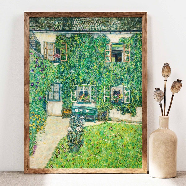 Gustav Klimt Print, Forester’s House Art, Affiche de paysage de jardin, Cottage Garden Flowers Art Nouveau Print, Affiche botanique, Art IMPRIMABLE