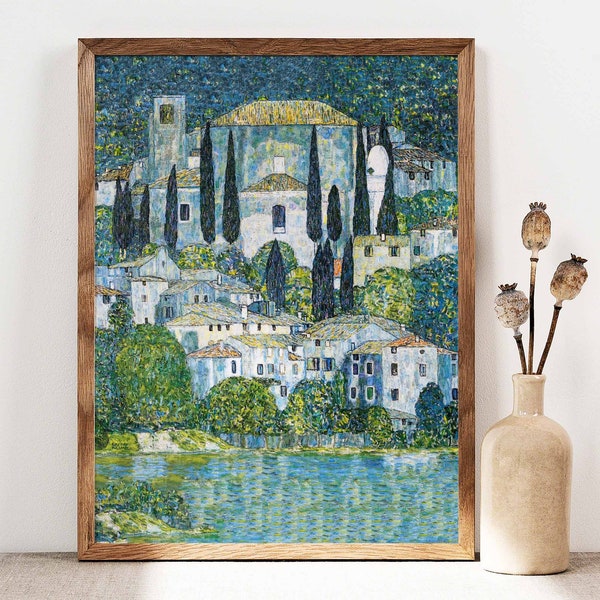 Gustav Klimt Print, Kirche in Cassone Art, Landscape Poster, Church in Cassone Art Nouveau Print, lake Poster, PRINTABLE Art Digital Print