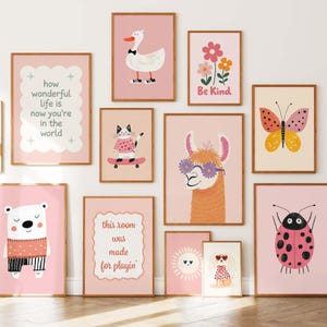 95 Girl Room Prints Bundle, Pink Wall Prints, Toddler Room Art Girls, Nursery Wall Art Digital Download, Playful Animal Prints