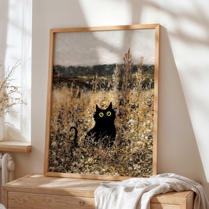 Black Cat Art Print, Autumn Field Digital Download, Whimsical Nature Cat Poster, Rustic Landscape Cat Wall Art, Instant Printable