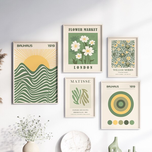 Sage Green Gallery Wall Art Set of 5 Prints, William Morris Print, Bauhaus Abstract Art Print, Matisse Print, Flower Market Art PRINTABLE