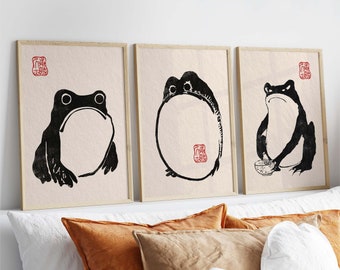 Japanese Set of 3 Frog Prints, Japanese Prints, Vintage Art, Japanese Frog, Matsumoto Hoji Wall Decor, Modern Art, Animal Print, Wabi Sabi
