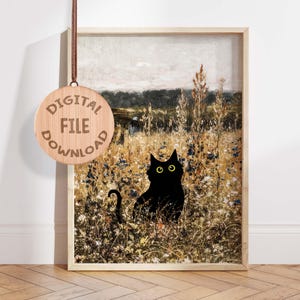 Black Cat Art Print, Autumn Field Digital Download, Whimsical Nature Cat Poster, Rustic Landscape Cat Wall Art, Instant Printable