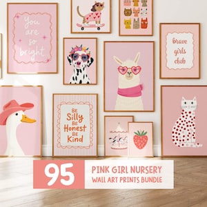 Girl Room Prints Kids, Bundle of 95 Pink Wall Prints, Toddler Room Art Girls, Nursery Wall Art Digital Download, Playful Animal Prints