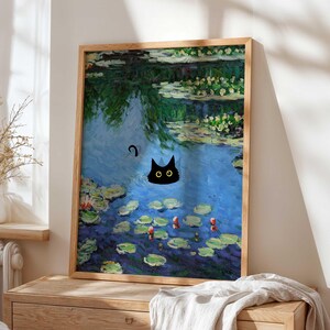 Black Cat Art Print, Monet Lily Pond Digital Download, Funny Cat in Water Poster, Whimsical Cat Wall Art, Impressionist Printable Decor