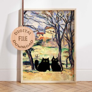 Black Cat Art Print, Two Cats Cézanne Landscape Digital Download, Whimsical Cats in Fall Scene, Printable Cat Wall Art, Instant Poster