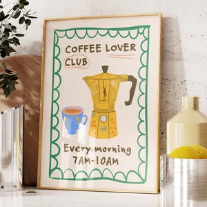 Impresión de Coffee Lover Club, póster de desayuno, impresión de espresso Moka Pot, impresión de cocina dibujada a mano, dibujo gastronómico, arte de pared imprimible digital