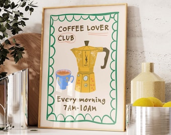 Impression de Coffee Lover Club, affiche du petit déjeuner, impression d'espresso de pot Moka, impression de cuisine dessinée à la main, dessin de fin gourmet, impression d'art mural numérique