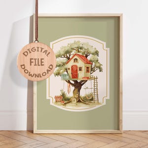Whimsical Treehouse Nursery Wall Art, Vintage Treehouse Digital Download Print, Kids Room Forest Adventure Decor, Printable Nursery art