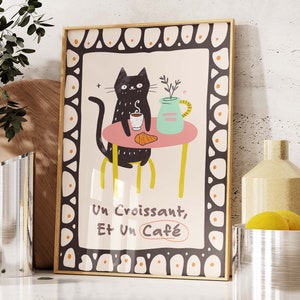 Impresión de gato de croissant de café francés, cartel de bebida retro, carteles de café bistró, Un Cafe Sil Vous Plait, decoración de cocina, arte digital imprimible