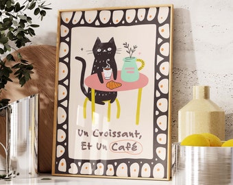 Franse Cafe Croissant Cat Print, Retro Drink Poster, Bistro Coffee Posters, Un Cafe Sil Vous Plait, Keuken Decor, Afdrukbare Kunst Digitaal