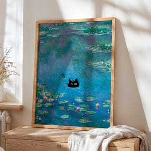 Black Cat Water Lily Art Print, Monet Style Digital Download, Whimsical Cat Wall Art, Funny Cat Printable, Instant Cat Poster