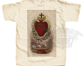 The Most SACRED HEART of Jesus V3 T SHIRT Catholic Tee All Sizes S-5XL Natural Vintage Beige