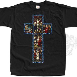 CROSS V2 Crucifixion T-SHIRT Stained Glass Collection Jesus Christ Black Tee Catholic Apparel All Sizes S-5XL