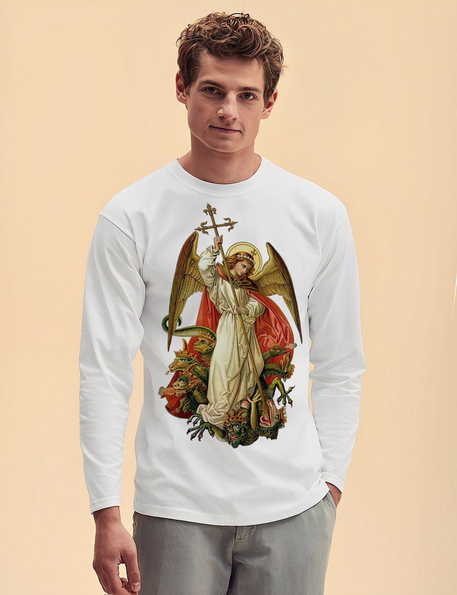 トップス SAINT MICHAEL THE SAINT ARMY L/S TEE XL Saint Archangel Michael V46 Long Sleeve T SHIRT Catholic Tee