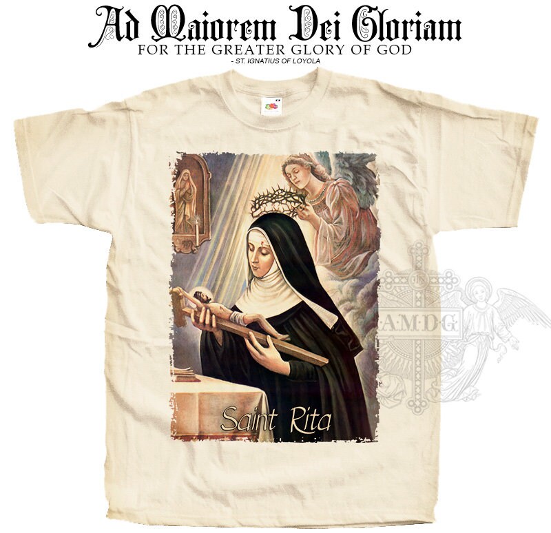 Saint Rita of Cascia V3 T SHIRT Catholic Tee All Sizes S-5XL Natural Vintage Beige