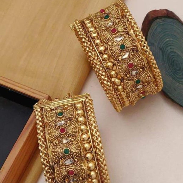Gold Pleated Pair of Multicolored bangle/Kada /bracelet/non openable/ Indian/Pakistani/Jaipur/Rajasthan/Bangladeshi/Jewellery/pearl   women