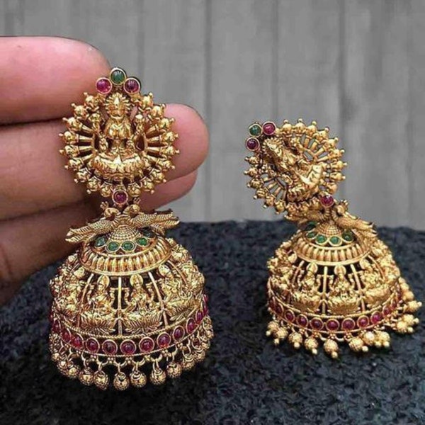 Boucles d'oreilles plaquées or du temple sud-indien, Jhumka indien, boucles d'oreilles indiennes, boucles d'oreilles indiennes dorées, boucles d'oreilles Bollywood, boucles d'oreilles afghanes, cadeaux